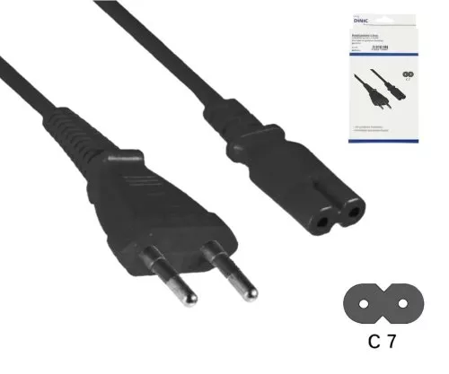 Power cord Euro plug type C to C7, 0.75mm², Euro plug/IEC 60320-C7, VDE, black, length 1.80m, DINIC Box